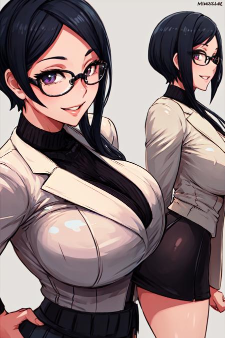 masterpiece, best quality, detailed face, detailed eyes, detailed lips, 1girl,  <lora:HUAndrea:0.5>, black hair, short hair, glasses, miniskirt, open jacket, blazer, large breasts, smile,