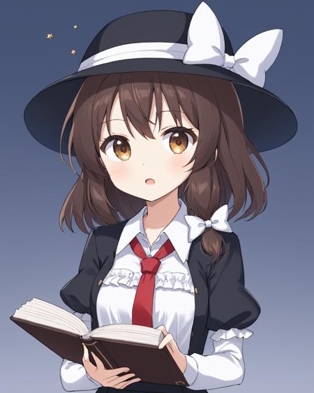 usami renko,1girl, solo, black_skirt, white_shirt, holding_book, white_bow, hat_bow, red_necktie, looking_at_viewer, black_headwear, white_background, juliet_sleeves, collared_shirt, ribbon, open_mouth, depth_of_field, frills, cowboy_shot, simple_background
<lora:usami_renko_image1360_2023-12-20-000010:1>,star-shaped_pupils,symbol-shaped_pupils,. gorgeous,key visual, vibrant, studio anime,award-winning, professional, highly detailed,high budget, cinemascope