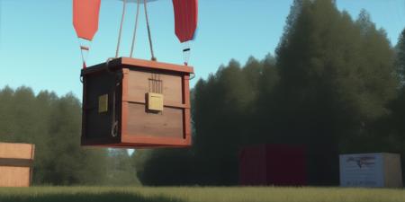 <lora:15Cube:1>levitating cube scenario: a wooden box hanging from a rope with a parachute in the background