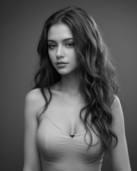 grayscale, monochrome, one young woman, solo, parted lips, long curly hair, elegant makeup, front view, upper body, simple background, extremely detailed, 8k, photorealistic, looking at viewer, film grain <lora:more_details:0.6> <lora:silhouette:1> <lora:picxer_real:0.6>