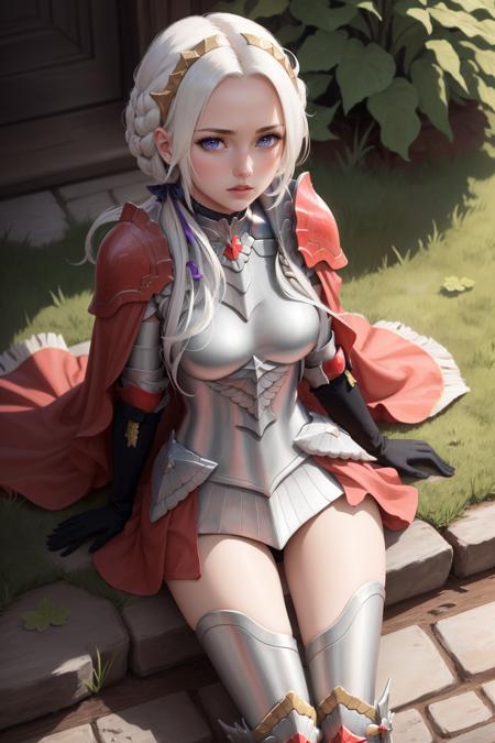 masterpiece, best quality, edelgard_hopes, hair ribbon, hair ornament, armor, red cape, armored skirt, black gloves, armored legwear, sitting on the ground, looking up, from above, looking at viewer, confused <lora:edelgard-nvwls-v2-000012:0.9>