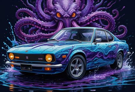 Finely detailed vector illustration, classical sports car, kraken, japan, symbiosis, ultra realistic quality, circle symbol, blue and violet background, hyperdetailed, intricately detailed,  triadic colors,fantastical,intricate detail,splash screen,complementary colors, fantasy concept art, 8k resolution, masterpiece, oil painting, thick strokes, rich strokes, running drops,