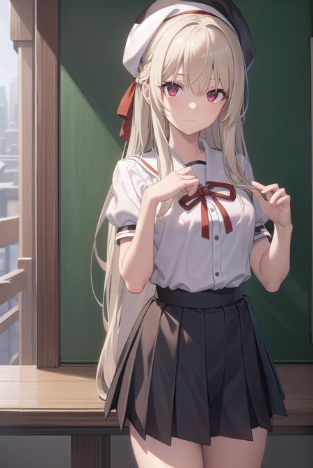 illyasvielvoneinzbern, <lora:illyasvielvoneinzbern-lora-nochekaiser:1>,
illyasviel von einzbern, blonde hair, hair between eyes, long hair, (red eyes:1.5),
BREAK beret, black skirt, brown footwear, collared shirt, hat, homurahara academy school uniform, kneehighs, loafers, pleated skirt, puffy short sleeves, puffy sleeves, red ribbon, ribbon, school uniform, shirt, shoes, short sleeves, skirt, socks, white headwear, white shirt, white socks,
BREAK indoors, classroom,
BREAK looking at viewer, (cowboy shot:1.5),
BREAK <lyco:GoodHands-beta2:1>, (masterpiece:1.2), best quality, high resolution, unity 8k wallpaper, (illustration:0.8), (beautiful detailed eyes:1.6), extremely detailed face, perfect lighting, extremely detailed CG, (perfect hands, perfect anatomy),