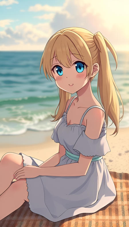 Une scène cinématographique majestueuse d'anime japonais en plein air.
Une jolie petite femme est assise dehors sur la plage au bord de l'océan.
Elle a de beaux yeux bleus et des cheveux blonds avec twintails.
Elle est heureuse et souriante. 🔞