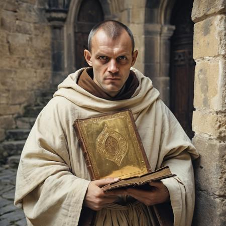 a medieval monk, wearing canvas robes, holding a closed gilded book, dirty face, (faint of enigmatic smile:0.25), serene, looking at viewer, castle hall, eye contact, portrait, vintage photo,