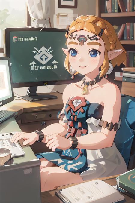 1girl,(totkzelda),(zonai dress:1.2),bare shoulders,short hair,solo,smile, <lora:totkz-a-000023:0.8:MIDD>office, crt monitor, sitting, smile, workingwith computer,looking monitor