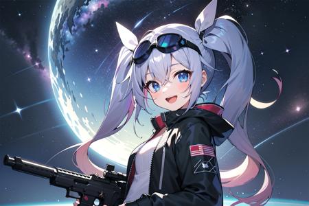 masterpiece, best quality, 1girl, bronya_zaychik, goggles, gun, jacket, long_hair, looking_at_viewer, night, night_sky, open_mouth, planet, sky, smile, space, star_\(sky\), starry_sky, sunglasses, twintails, weapon,