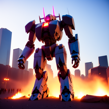 photo, a giant robot standing in the middle of a city fire coming, MechaLabor style