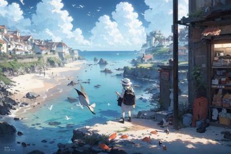 penguin, fish, cloud, outdoors, bird, sky, 1girl, hat, english text, food, day, scenery, shirt, standing, ocean, window, bag, building
<lora:huafeng:0.8>