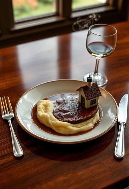 a plate of food on a polished wooden table, the plate of food is a scene, mountains, gravy lake, a tiny house  made of steak with smoke coming from the chimney, fork and knife on the table, wine glass next to the plate, the mashed potatoes are egges potaitos