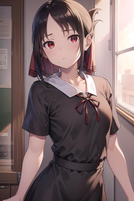 kaguyashinomiya, <lora:kaguyashinomiyatest:1>,
kaguya shinomiya, folded ponytail, forehead, hair ribbon, (red eyes:1.5), red ribbon, ribbon, short hair, sidelocks, (small breast:1.2),
BREAK black dress, dress, pinafore dress, school uniform, shirt, short sleeves, shuuchiin academy school uniform, white shirt,
BREAK looking at viewer,
BREAK indoors, classroom,
BREAK <lora:GoodHands-vanilla:1>, (masterpiece:1.2), best quality, high resolution, unity 8k wallpaper, (illustration:0.8), (beautiful detailed eyes:1.6), extremely detailed face, perfect lighting, extremely detailed CG, (perfect hands, perfect anatomy),