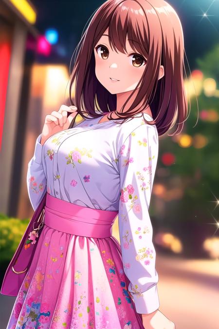 (masterpiece, best quality), highly detailed background, perfect lightingbest quality, shiinakokomi, solo, brown hair, long hair, brown eyes, breasts, white shirt, long sleeves, pink skirt, floral print, print skirt, smile, closed mouth, parted lips, pink lips, <lora:Shiina-Kokomi:0.7>