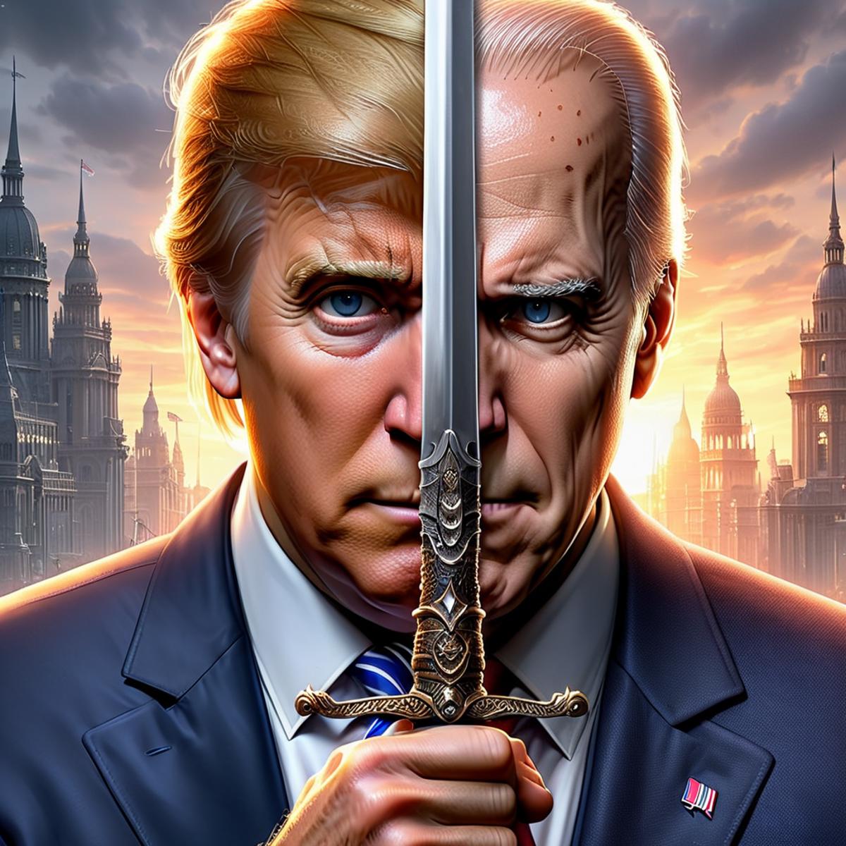 Trump and Biden in a Graphic, with Trump Holding a Sword and Biden Looking Angry