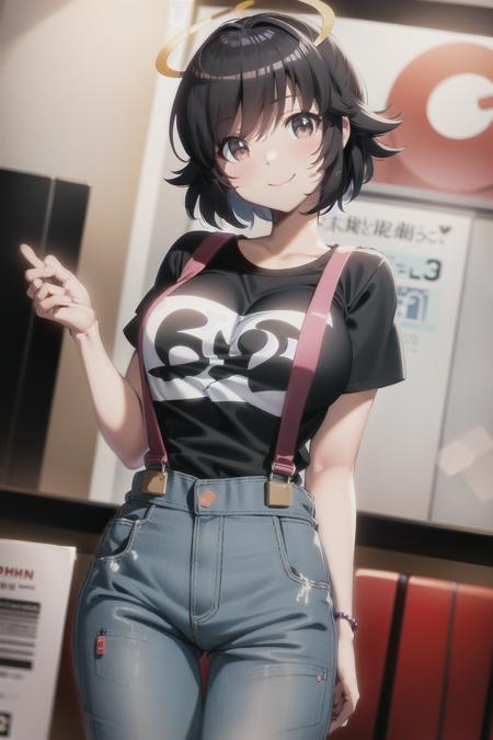 takahara ayumi, short hair, large breasts, wide hips, smile, t-shirt, overalls, halo, graphite \(medium\), <lora:Takahara Ayumi V2:0.6>