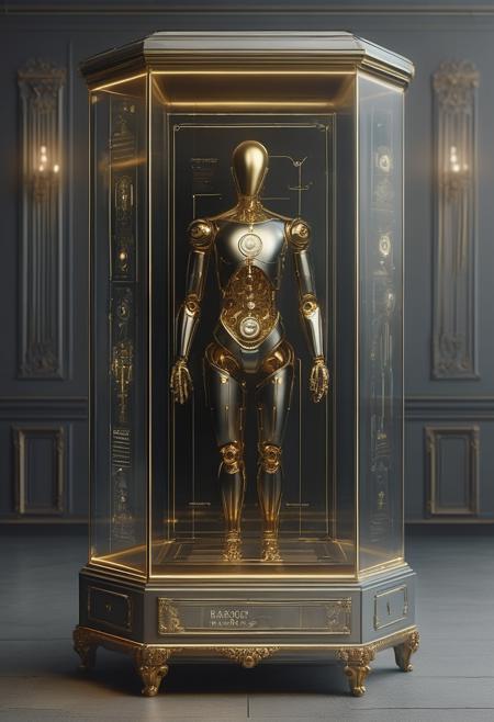 display case a baroque styled android silver and brass and onyx ornate old fashion concept for a robot