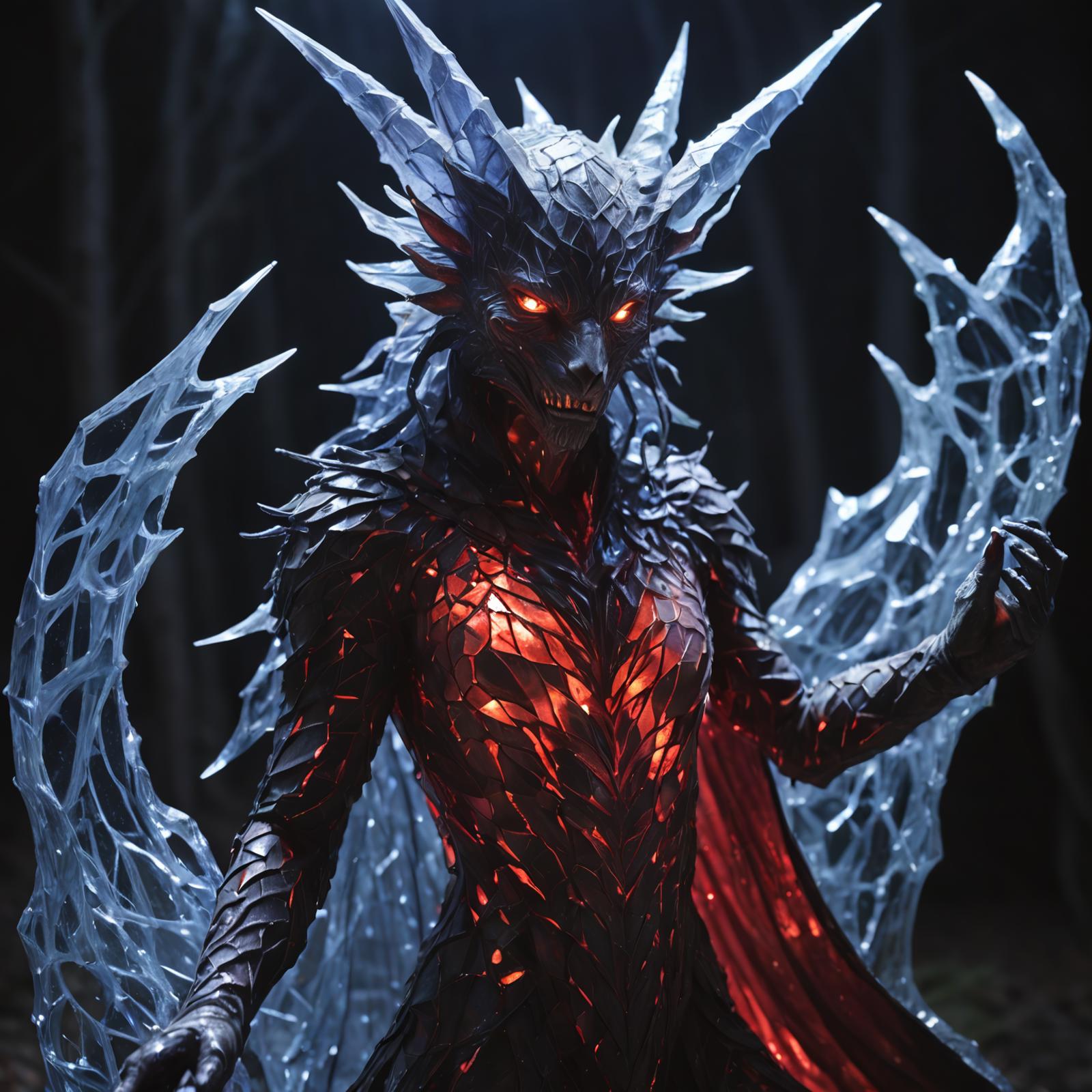 A woman with glowing red eyes, wearing a gown with wings, and standing in a dark forest.