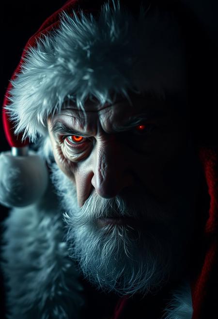 A old man dressed as santa in a dramatic, chiaroscuro-style close-up portrait, his expression is evil and mysterious, his glowing eyes seeming to hold untold secrets. Deep shadows obscure his face. His crimson santa hat fur trim is faintly visible against the darkness.