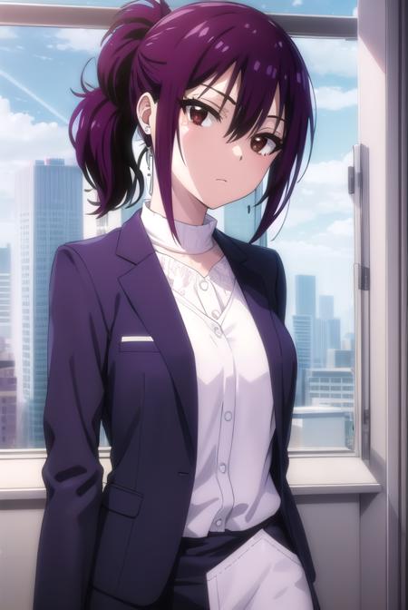 hana kirisaki, purple hair, (brown eyes:1.3), ponytail, short hair, hair between eyes, formal, suit, office lady, fur trim, earrings,