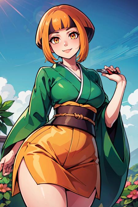 gardenia (pokemon), orange eyes, green capelet, black shirt, long sleeves, midriff, belt, orange shorts, 