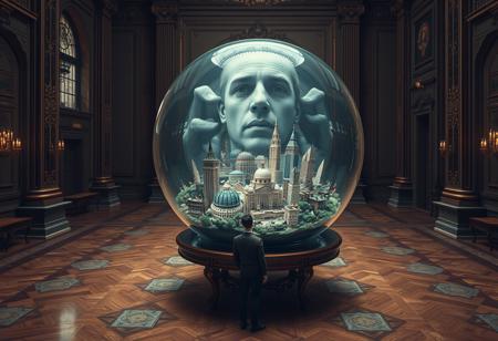 The image depicts a city trapped within a glass sphere, a delicate yet impenetrable prison that isolates it from the outside world. This sphere rests on a table in a grand hall.
A person approaches, astonished, and realizes that it’s not just a miniature city but a living one. The tiny inhabitants, aware of their observer, look up with awe and terror as they see the giant face peering down at them. To them, it’s as if an omnipotent being fills their sky, creating a blend of fascination and fear.
The hall remains eerily silent, heightening the drama of the scene. The encounter between the observer and the observed is filled with wonder and subtle horror, where both sides feel a strange mix of power and vulnerability, in a moment that is deeply unsettling and captivating.
