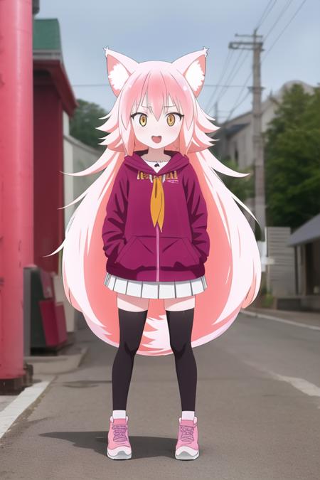 1girl, serafuku, street background, little girl, animal ears, wolf ears, wolf tail, full body, murenase, pink hair, orange eyes