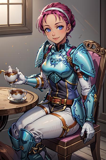 drinking tea,tea cup,sitting on chair,table,smile,<lora:fionaV1:0.8>,fiona,short hair,forehead, closed mouth,armor, armored boots, belt, breastplate,hairband, shoulder armor, white pants, white gloves, gauntlets,  jewelry, knee boots,indoors,castle,(masterpiece, best quality, ultra-detailed, best shadow)