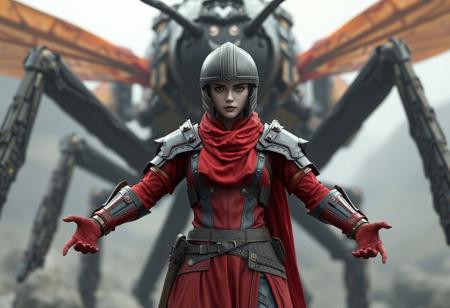 A cinematic octane render of a Rookie Warrior Lady from the video game "Dark Souls", depicted in a uniform shade of red, standing in a dynamic pose with arms outstretched as if ready for battle, centered and the sole focus against a detailed, high-resolution Battlewasp - Nest background. The character wears a helmet with a visor , detailed armor including a chest plate and shoulder pads, and gauntlets. The image is 4K, Exceptional Quality, with More Detail, Lifelike Details, Super Detailed Face and Eyes and Clothes. Handcrafted with Precision, High Quality, Stunning Colors, Impeccable Composition, Creative Angle, Attractive Background, Balanced Editing, Intentional Focus, Well-timed Moment. Captured with Captivating Lighting, rendered in Unreal Engine 5, with a Grammer Effect Style. Trending on ArtstationHQ., very detailed.