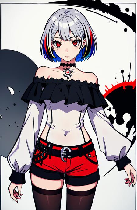 (absurdres:1.21), (masterpiece:1.331), (wallpaper:1.1),radial background, (colorful), (dark persona:1.1),1girl, solo,kogal,silver hair, very short hair, looking at another, tattoo, off shoulder, shorts, bodystocking, red eyes, cowboy shot,cool
 <lora:tarou2_v2:0.7> <lora:beautifulDetailedEyes_v10:0.2:face>