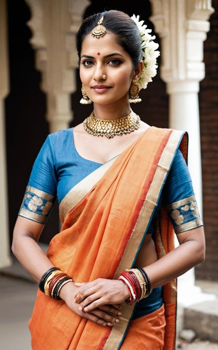 (style of Mario Testino), [traditional Indian fashion:modern style:0.5], elegant Bollywood actress posing in an urban chic setting, ((luxurious yet practical ensemble)), featuring a revamped sari, reimagined as a sleek, wrap-around dress with digital print motifs, merging classic patterns with modern graphic design. The fabric is light and breathable, ideal for the modern woman on the go, with a smart, hands-free accessory integrated seamlessly. Her blouse is a fusion of a traditional choli and a smart-casual crop top, adorned with intricate, hand-embroidered details, yet cut to flaunt a modern silhouette. She accessorizes with minimalist, yet striking jewelry - think sleek gold bangles and a choker necklace that blend heritage with high fashion. Her hair is styled in an effortless updo, adorned with a subtle, floral hair accessory, echoing the fusion of tradition and modernity. Her makeup is a balance of bold and natural, with a focus on strong, defined eyes and a soft, neutral lip color. The backdrop is an urbane cafe, with a blend of rustic and modern elements, reflecting the fusion in her attire. The lighting is soft yet vibrant, highlighting the rich colors and textures of her outfit, against the backdrop of the bustling cityscape visible through large, panoramic windows. Her posture is confident yet relaxed, a perfect embodiment of the blend of tradition and modernity, her gaze serene yet powerful, inviting admiration and respect.