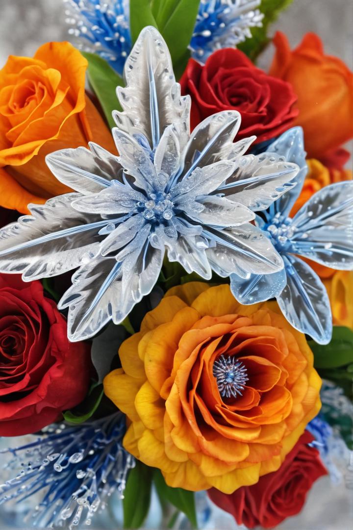 a flowers bouquet from ice and flames of fire, detailmaximizer