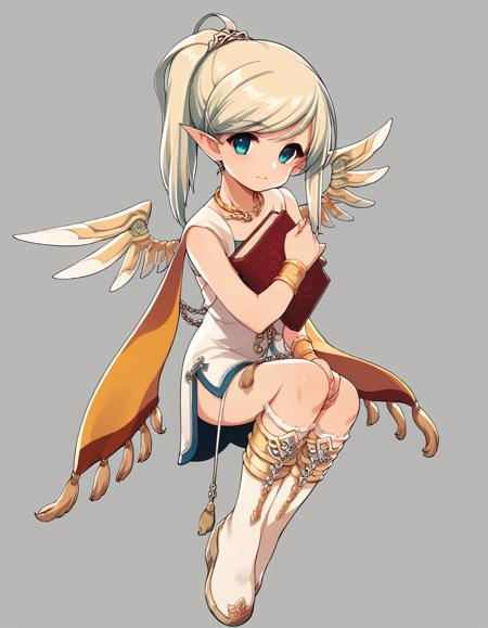  blonde hair, ponytail, swept bangs, elf ears, deep bule eyes, small sowrd wings, child, gold torc, eiry costume, hugging book