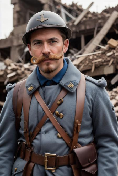 RAW photo, a WW1 French soldier sitting on demolished buildings and holding a pipe with his hand, brown (beard:1.3), brown (mustache:1.3), looking down, dirty, (high detailed skin:1.2), 8k uhd, dslr, soft lighting, high quality, film grain, Fujifilm XT3, <lora:ww1_french_soldier_v0.2:0.6>