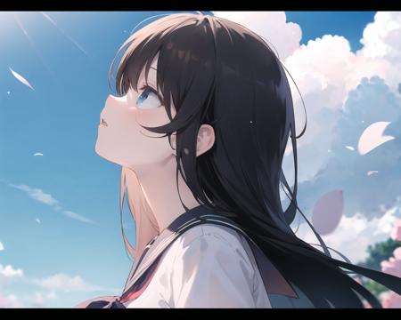 (masterpiece, best quality),1girl, solo, flower, long hair, outdoors, letterboxed, school uniform, day, sky, looking up, short sleeves, parted lips, shirt, cloud, black hair, sunlight, white shirt, serafuku, upper body, from side, pink flower, blurry, brown hair, blue sky, depth of field