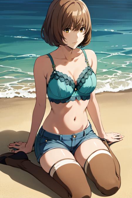 YurikoAokiR4 1girl, brown hair, brown eyes, short hair,  bangs, mole glasses