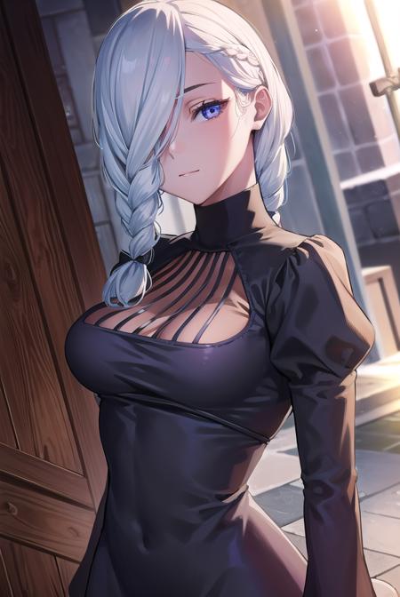 meimei, <lyco:meimei-lyco-nochekaiser:1>,
mei mei, long hair, braid, hair over one eye, braided ponytail, one eye covered, braided bangs, (purple eyes:1.1),
BREAK long sleeves, dress, puffy sleeves, black dress, juliet sleeves, turtleneck dress,
BREAK looking at viewer, upper body, full body,
BREAK outdoors, shrine,
BREAK <lyco:GoodHands-beta2:1>, (masterpiece:1.2), best quality, high resolution, unity 8k wallpaper, (illustration:0.8), (beautiful detailed eyes:1.6), extremely detailed face, perfect lighting, extremely detailed CG, (perfect hands, perfect anatomy),