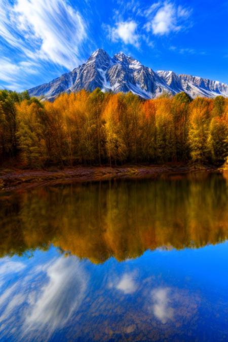 the picturesque autumn alps, green meadows and colorful trees are reflected on the clear water under the cloudy sky, i can't believe it is so beautiful, high resolution, canon eos style camera. beautiful mountains and waters, picturesque scenery, colorful fallen leaves, colorful reflections in the water, mirror lake, residential houses by mountains and forests, colorful autumn leaves.