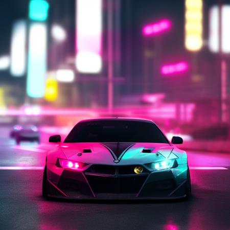 a photo of a car driving down a road with a city in the background at night time with bright lights on the cars hood, art by carstestv3