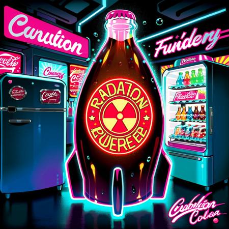 For a cartoon-style depiction of 'Radiation Flavored Nuclear Cola', imagine a whimsical, vibrant soda bottle, playfully exaggerated with a bright, cartoonish neon glow. The label is lively and colorful, showcasing a quirky, atomic-themed logo, and the words 'Radiation Flavored Nuclear Cola' in fun, bold lettering. The bottle, with its exaggerated curves, looks refreshingly cool, with stylized droplets of condensation and a playful light effect that highlights its cartoon nature. The backdrop is a fantastical, cartoon version of a futuristic lab or fridge, emphasizing the beverage's unique, sci-fi inspired theme, blending playful humor with a touch of whimsical futurism, <lora:nukacolas:0.75>