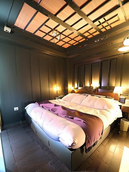 masterpiece, best quality, ultra-detailed, illustration,
(1girl:1.4), solo, school uniform, school bag,
lovehotel, lamp, bed, indoors,  wooden floor, table, carpet, door, pillow, couch,  nightpanel,
<lora:lovehotelV42:1>