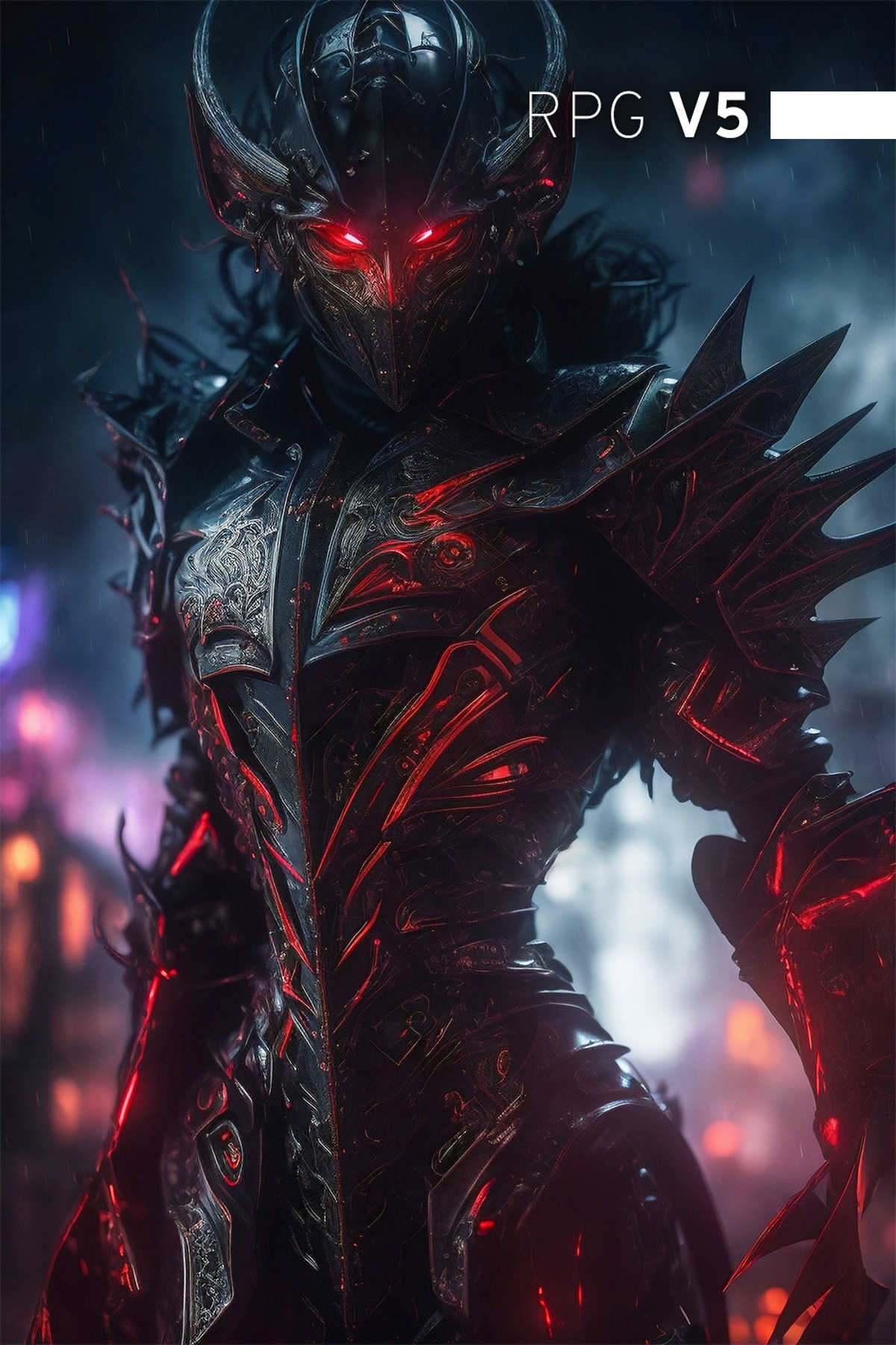 A warrior in a black and red armor standing in a dark, rainy environment.