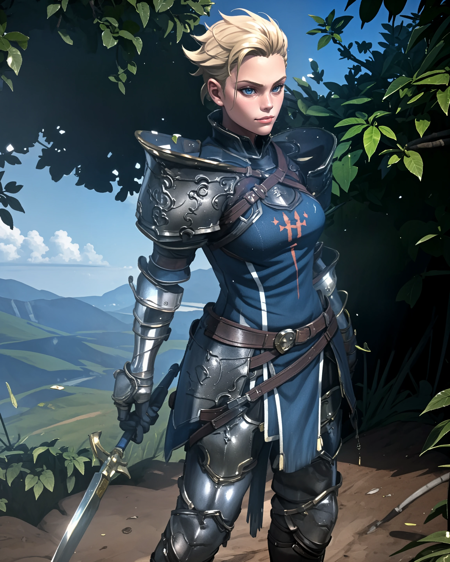 Athel, 1girl, short hair, blonde hair, blue eyes armor, blue tabard, large pauldrons, knight full armor holding weapon, spear, polearm shield