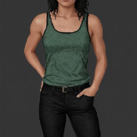 Pixel Art 8-bit style of A close-up shot of a woman wearing a green tank top and black pants, PXLART