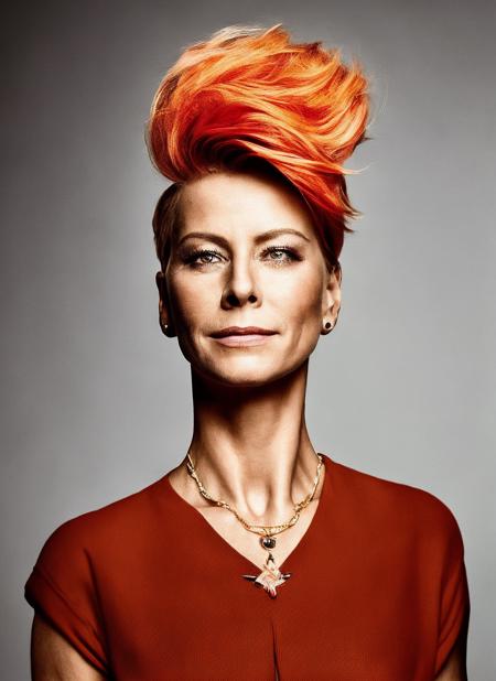 <lora:lora_anita_werner:1>, portrait of ((sks woman)) by Flora Borsi, style by Flora Borsi, bold, bright colours, orange Mohawk haircut, ((Flora Borsi))