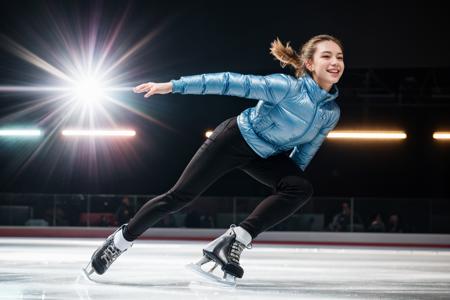 photo of a 18 year old girl,happy,ice skating,spinning,ray tracing,detail shadow,shot on Fujifilm X-T4,85mm f1.2,sharp focus,depth of field,blurry background,bokeh,<lora:add_detail:1>,