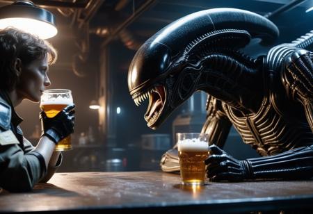 raw photo, Xenomorph drinking beer with Ellen Ripley, extreme details, 8k, intricate details,
