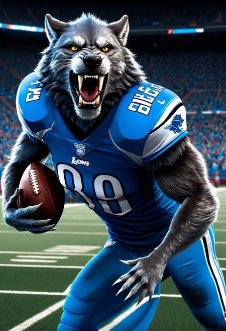 Hyperrealistic concept art. Mid shot. A werewolf runs with the football wearing a Detroit Lions uniform in a stadium filled with werewolves dressed in jerseys. Low-angle perspective with detailed focus on claws and texture. 2/3 face angle. Vibrant side lighting highlights fur and jerseys. Triadic colors reflect off the werewolf fur. Detailed noses, fur, eyes, and teeth. Dark dramatic shadows on the werewolf form. Best quality, incredibly detailed. Colorful lively atmosphere. Classy edged gradients on the jerseys. Clever use of contrasting warm and cool colors on the werewolves.  Detroit Lions colors. Mature art. Fantasy Sports.