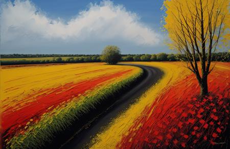 (style of Josh Adamski:1.05), scene painting,scenery,a painting, parcel ,coppice ,hedgerow,patch , Delta ,