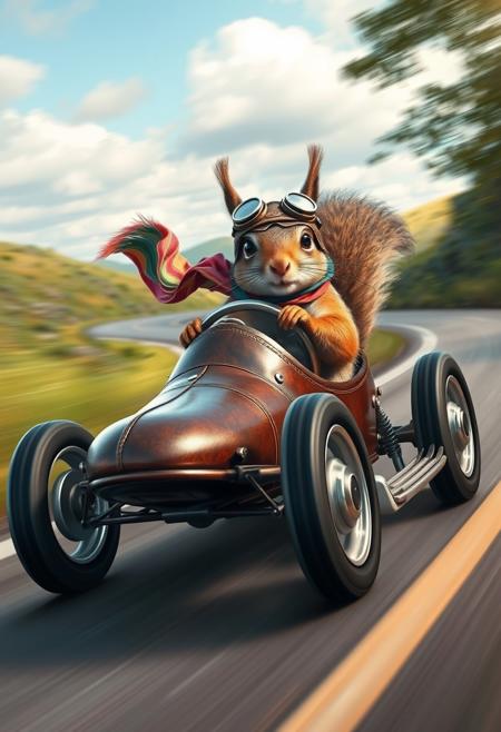 "Thrilling scene: a daredevil squirrel, clad in vintage aviation gear, speeds along a winding road in a shoe-turned-roadster, its four wheels a blur as it hurtles through the landscape. The squirrel's goggles are securely fastened, and its bomber-hat is pulled low over its eyes, giving it a rakish, adventurous air. A colorful scarf flows behind the squirrel, streaming in the wind as it takes a sharp turn, its paws gripping the shoe's makeshift steering wheel. The shoe itself is a marvel of makeshift engineering, with gleaming metal accents and a sleek, aerodynamic design. Style: dynamic, action-packed, and highly detailed, with a focus on capturing the squirrel's joyful, reckless abandon as it speeds through the countryside."