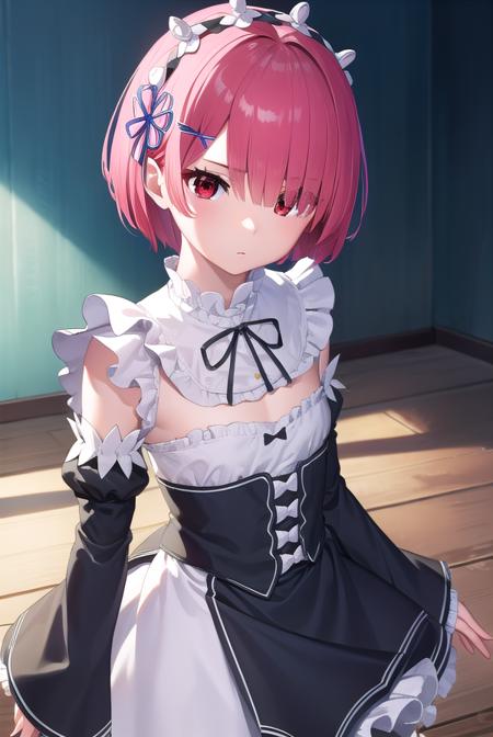 rezeroram, <lora:rezeroram-lora-nochekaiser:1>, 
ram, hair flower, hair ornament, hair over one eye, pink hair, (red eyes:1.5), short hair, x hair ornament, bangs, blunt bangs, (flat chest:1.2),
BREAK apron, black bow, black dress, black ribbon, bow, detached sleeves, dress, frilled apron, frilled sleeves, frills, juliet sleeves, long sleeves, maid, neck ribbon, puffy sleeves, ribbon, roswaal mansion maid uniform, thighhighs, two-tone dress, waist apron, white bow, white dress, white thighhighs,
BREAK indoors, mansion,
BREAK looking at viewer, (cowboy shot:1.5),
BREAK <lyco:GoodHands-beta2:1>, (masterpiece:1.2), best quality, high resolution, unity 8k wallpaper, (illustration:0.8), (beautiful detailed eyes:1.6), extremely detailed face, perfect lighting, extremely detailed CG, (perfect hands, perfect anatomy),