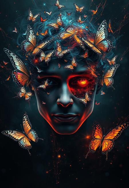 Vivid portrait. A beautiful dark chaotic mind splinters into fractal butterflies, each thought a dream, by Yossi Kotler, by Russ Mills. Dramatic and intense lighting, swirling vortex of colors and shapes. A masterpiece, best quality, 8k resolution, trending on Artstation, surrealism, expressive colors, powerful, impactful, atmospheric.